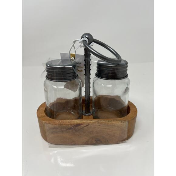 Glass Salt and Pepper Shakers with Wooden Holder NEW - Picture 1 of 3